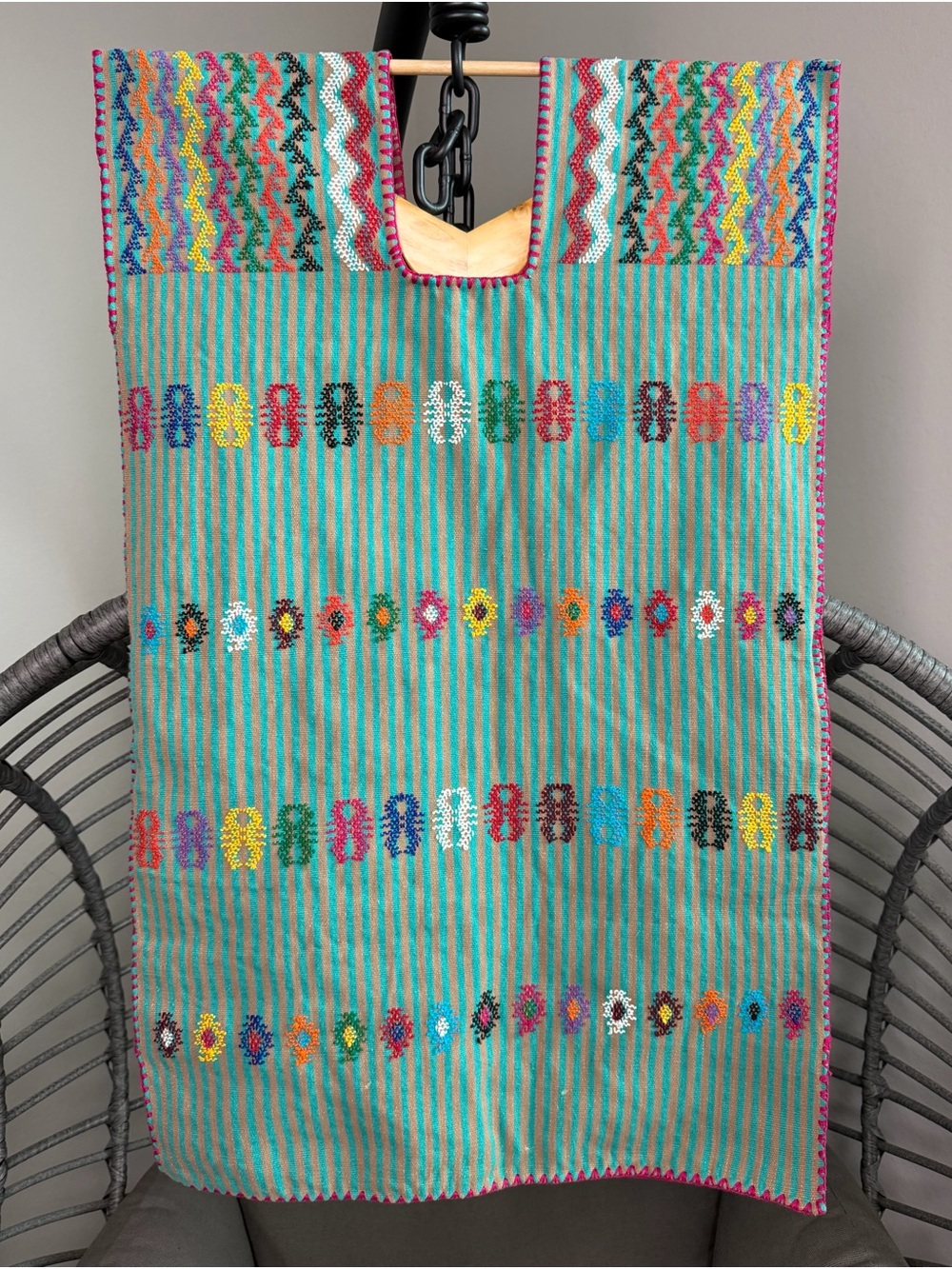 Handwoven Turquoise Striped Runner with Multicolor Embroidery. Size: THREE